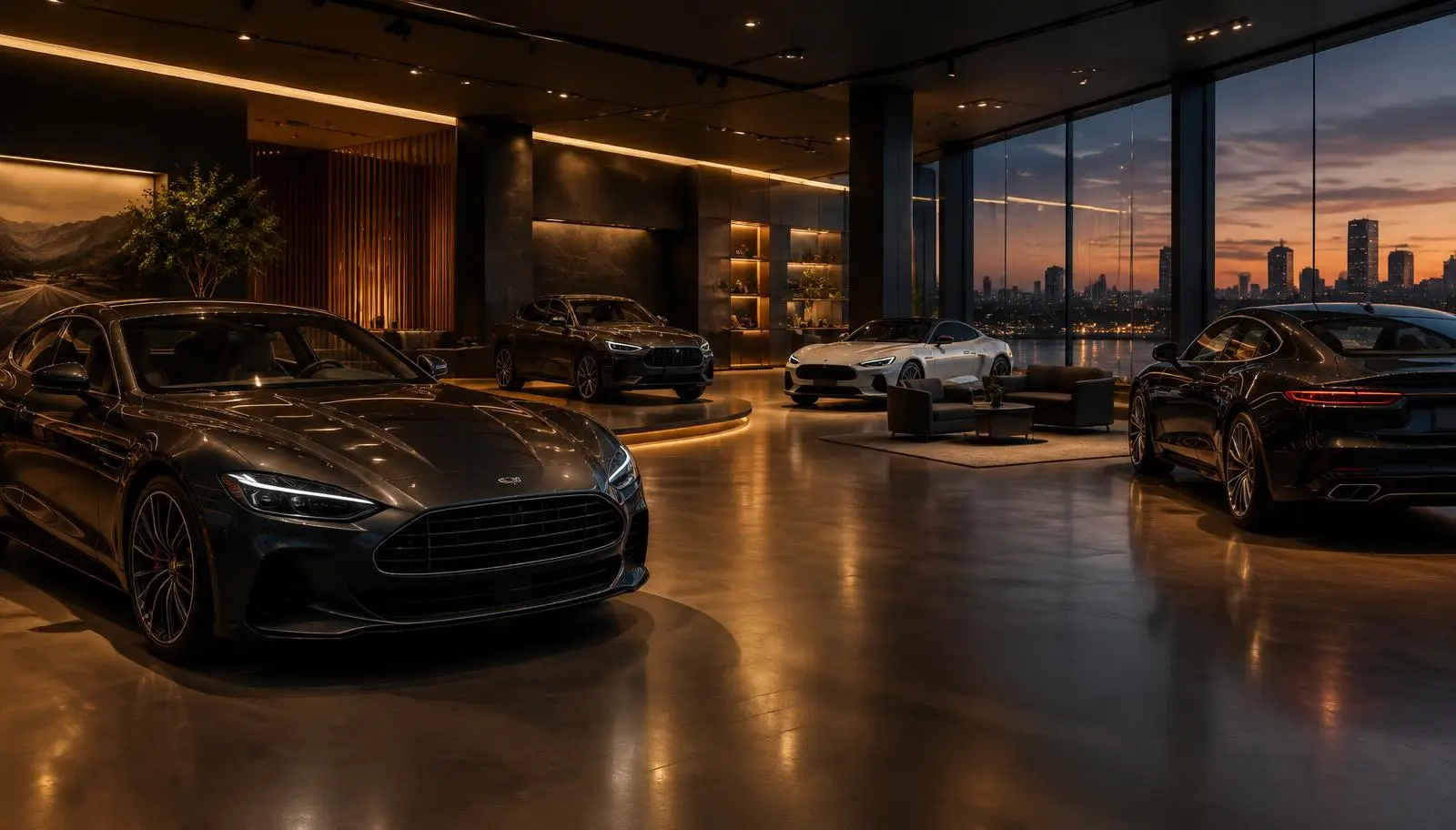 Modern car showroom with luxury automobiles under warm evening lighting